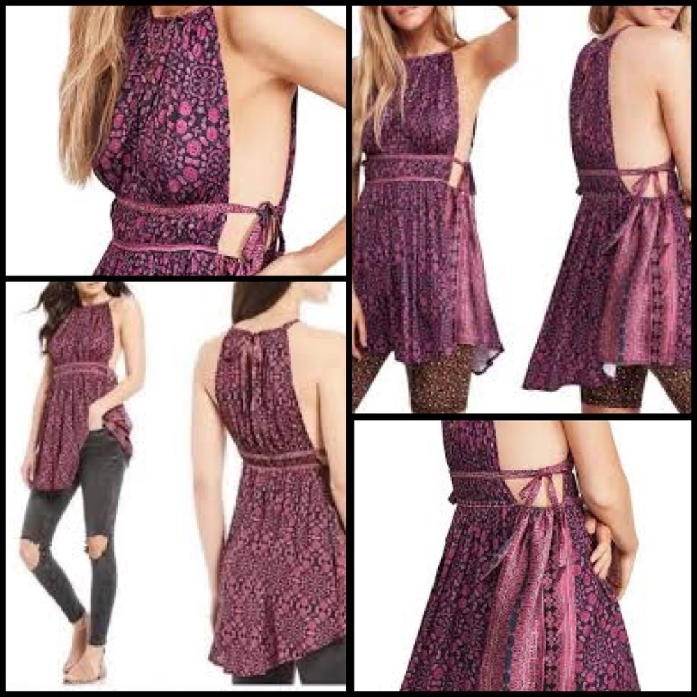 Free People Mid Summers Day Babydoll Halter TunicTop Black Combo Silky Floral XS
